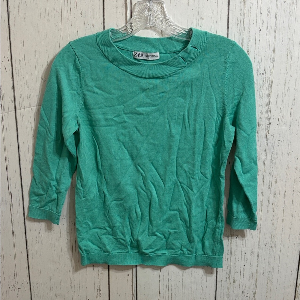Zara Mint Green Knit Sweater 3/4 Sleeves Fitted Top Size XS